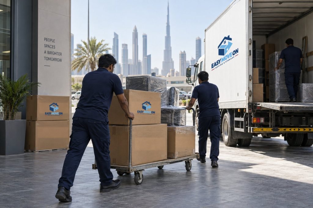 Commercial moving crew loading wrapped business equipment