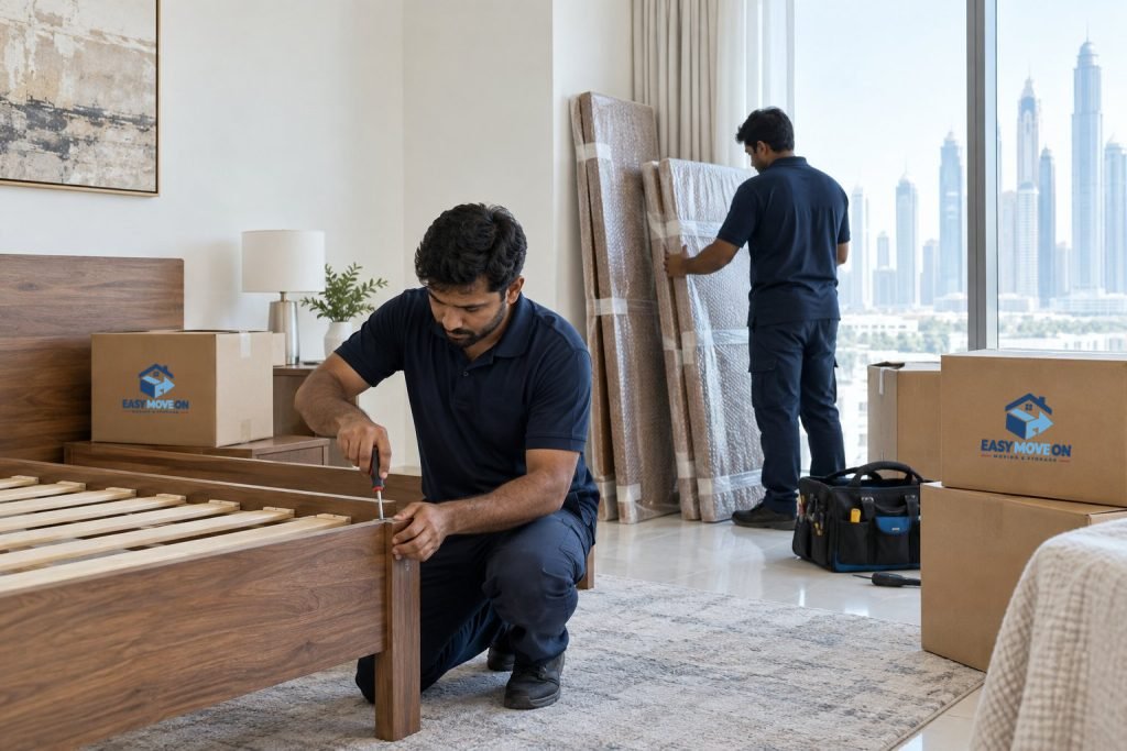 Movers dismantling and protecting a wooden bed frame