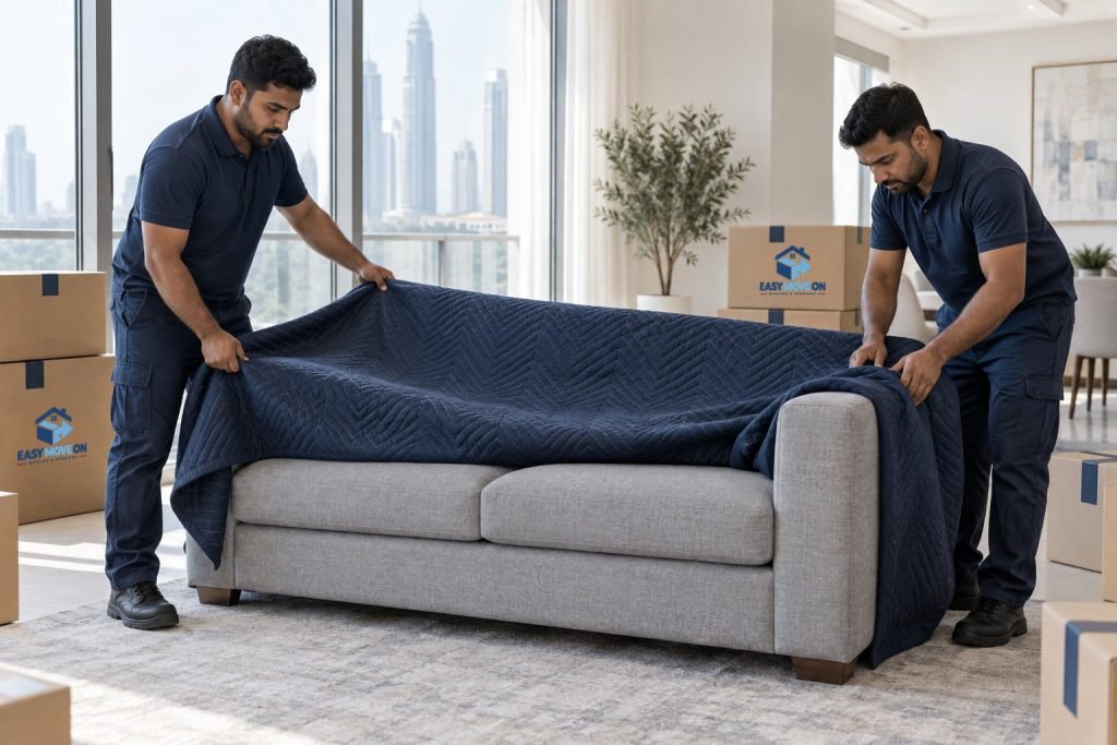 Moving crew protecting a sofa with a navy moving blanket