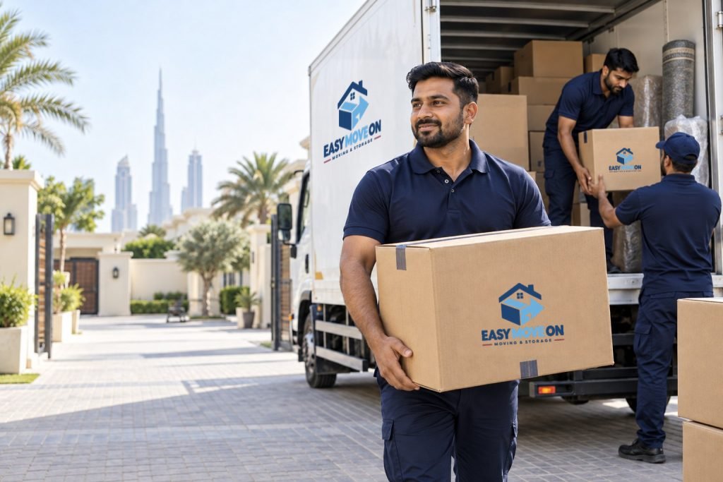 Moving crew carrying printed kraft cartons beside a truck in Dubai