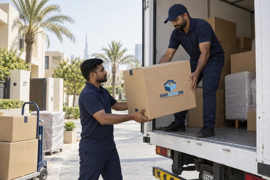 Moving crew loading printed kraft cartons into a white truck