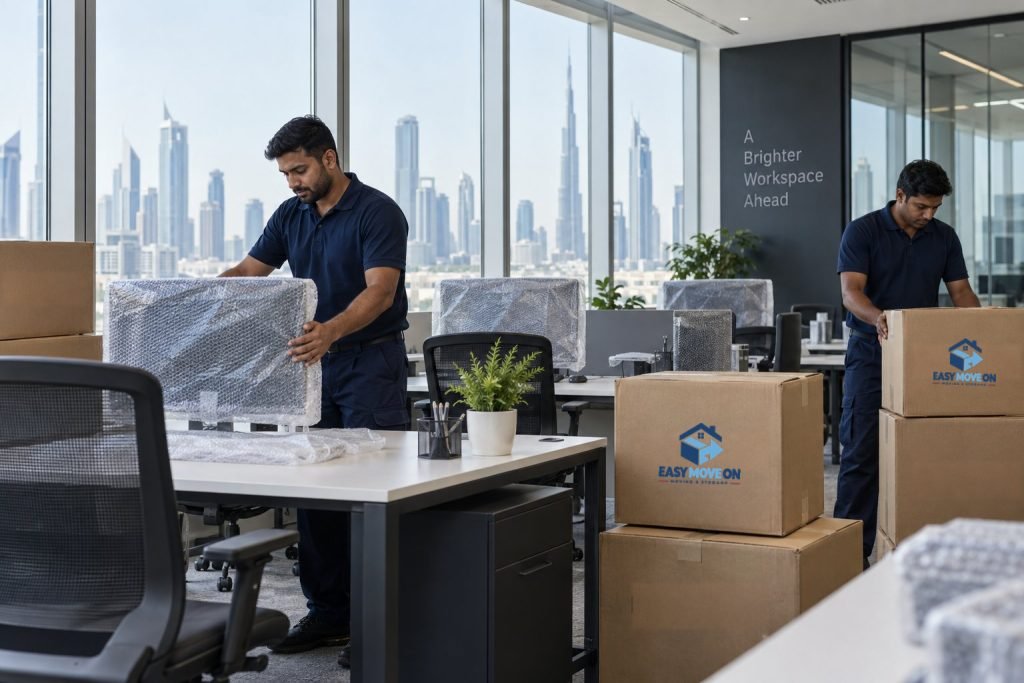 Office moving crew packing monitors and office equipment
