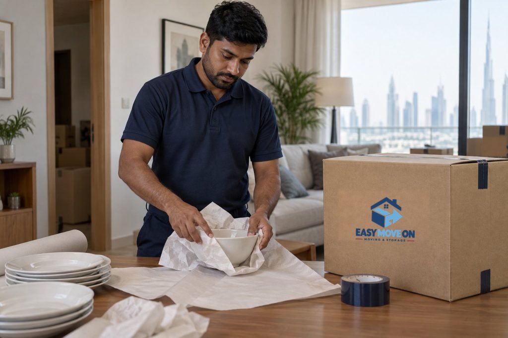 A mover carefully wrapping a ceramic bowl for packing