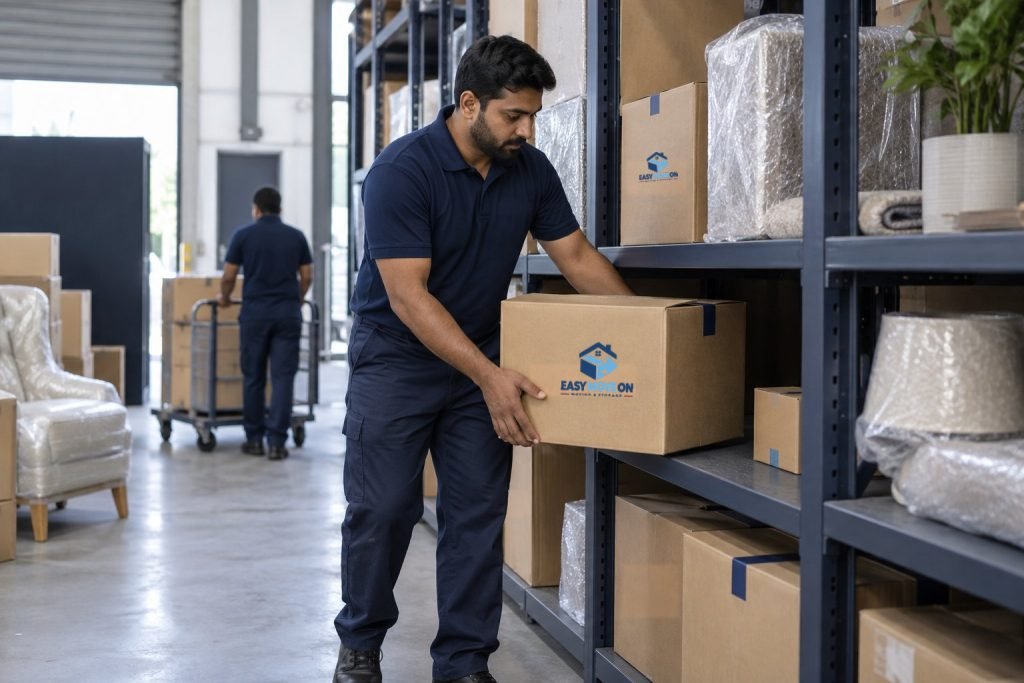 A mover placing printed cartons on storage shelving