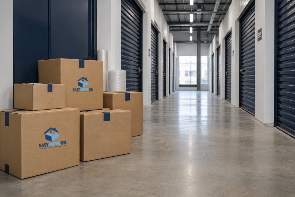 Storage corridor with charcoal rolling doors and kraft cartons